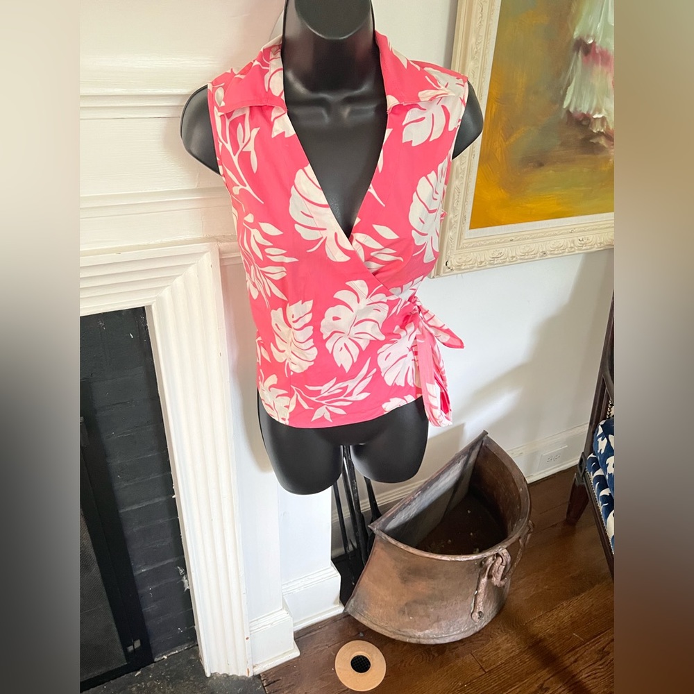 Willi Smith banana leaf print pink and white wrap shirt sleeveless